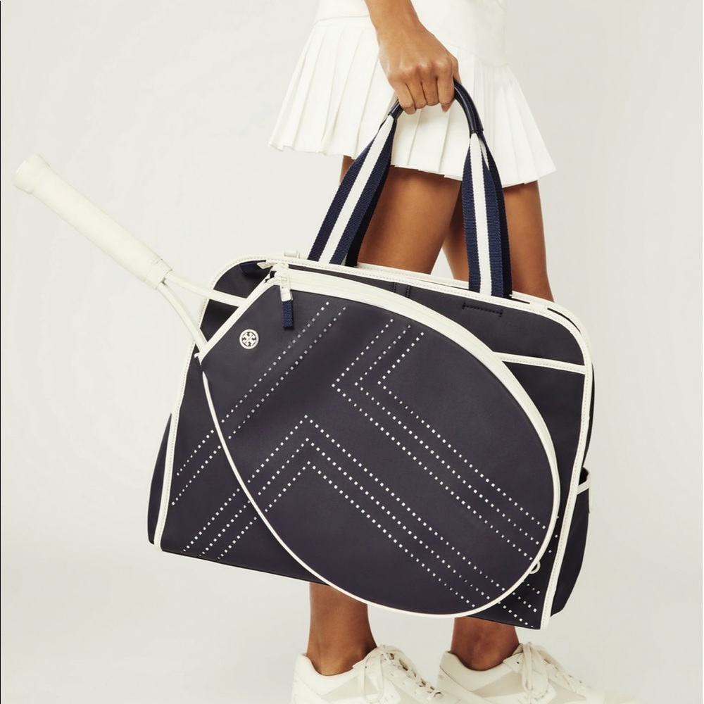 Tory Burch Convertible Perforated T Tennis Bag Tote Blue White
